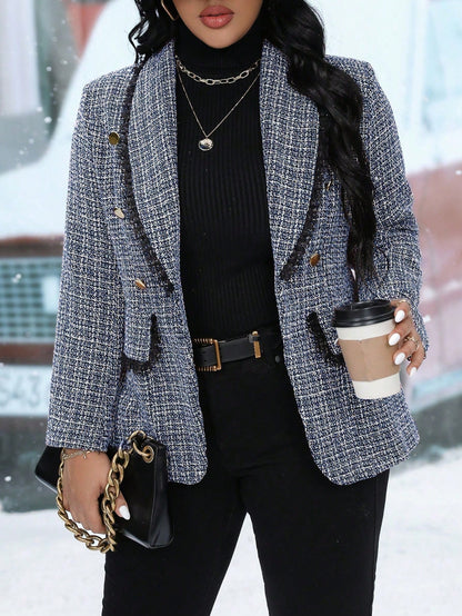 بدلة بليزر مصممة بياقة صدر مربع وأكمام طويلة ذات تصميم مربع ملون، أنيقة للاستخدام في الشتاء، مجموعة بليزر مربع للنساء والفتيات