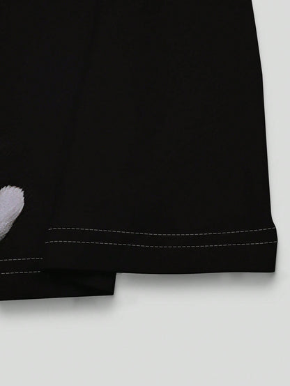 تي شيرت كم طويل نساء ربيعي صيفي عادي بياقة طاقم مطبوع بصورة قطة بألوان متباينة