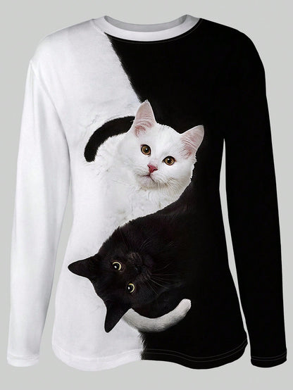 تي شيرت كم طويل نساء ربيعي صيفي عادي بياقة طاقم مطبوع بصورة قطة بألوان متباينة