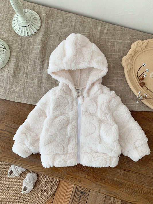 معطف أطفال رضع بنات مبطن بالفليس السميك ذو غطاء رأس مع نمط قلب جميل ، خريف/شتاء