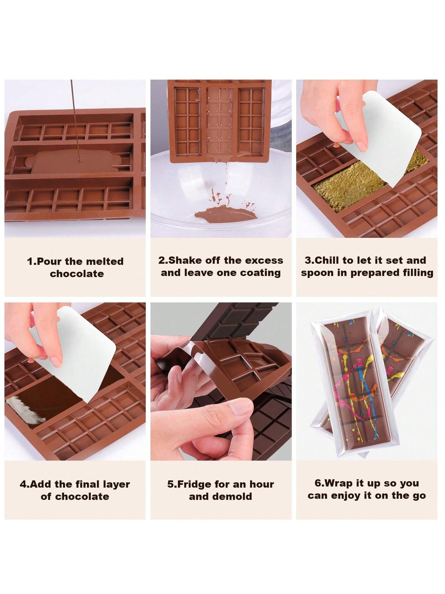 قالب شوكولاتة سيليكون ذو 6 تجاويف - عميق مع 100 كيس، لعمل بار محشي، ملء كنافة بالفستق والشوكولاتة