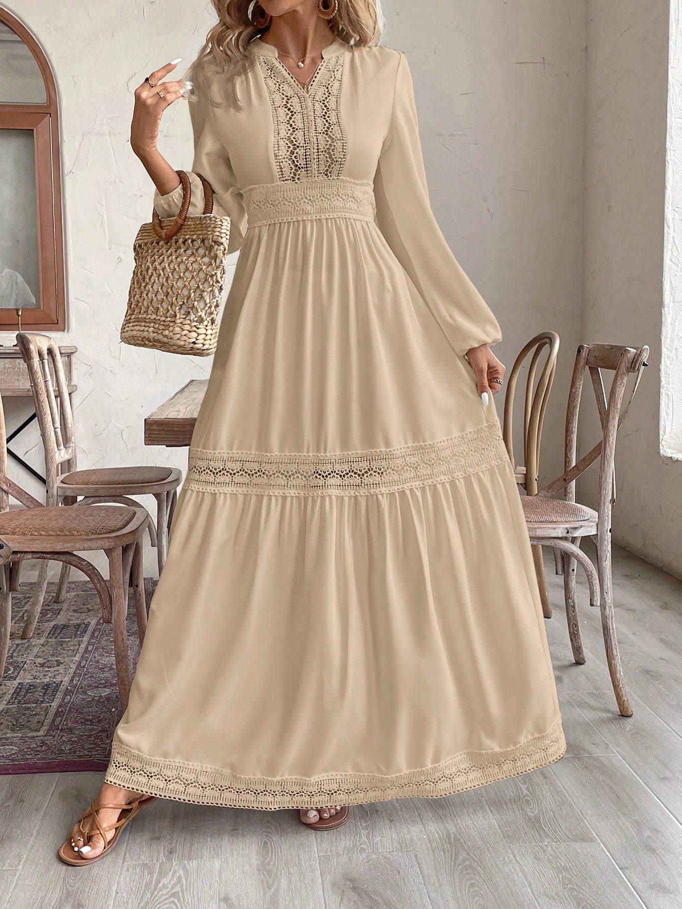 فستان كاجوال عطلة نسائي أكمام طويلة رقبة على شكل حرف V لون واحد, تفريغ و رقعة