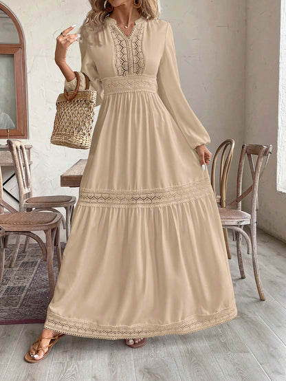 فستان كاجوال عطلة نسائي أكمام طويلة رقبة على شكل حرف V لون واحد, تفريغ و رقعة