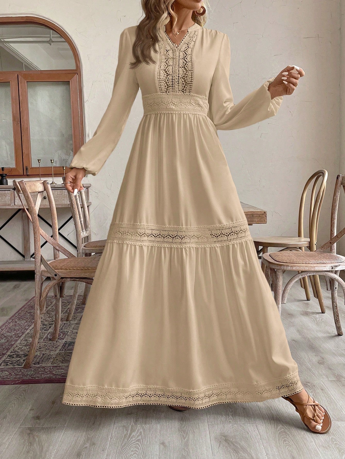 فستان كاجوال عطلة نسائي أكمام طويلة رقبة على شكل حرف V لون واحد, تفريغ و رقعة