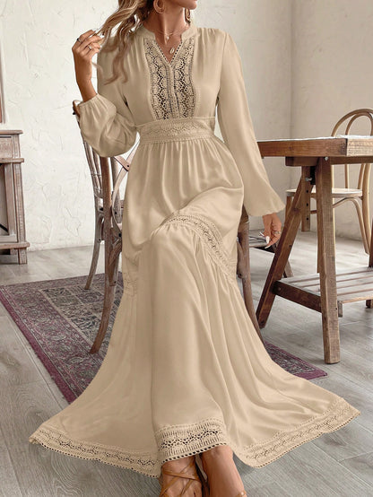 فستان كاجوال عطلة نسائي أكمام طويلة رقبة على شكل حرف V لون واحد, تفريغ و رقعة