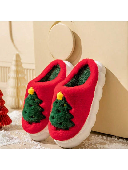 نعال دافئة مبطنة بتصميم شجرة عيد الميلاد الكرتونية للرجال والنساء ، خريف/شتاء