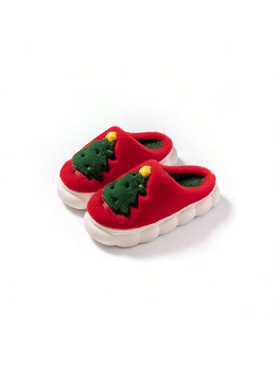 نعال دافئة مبطنة بتصميم شجرة عيد الميلاد الكرتونية للرجال والنساء ، خريف/شتاء