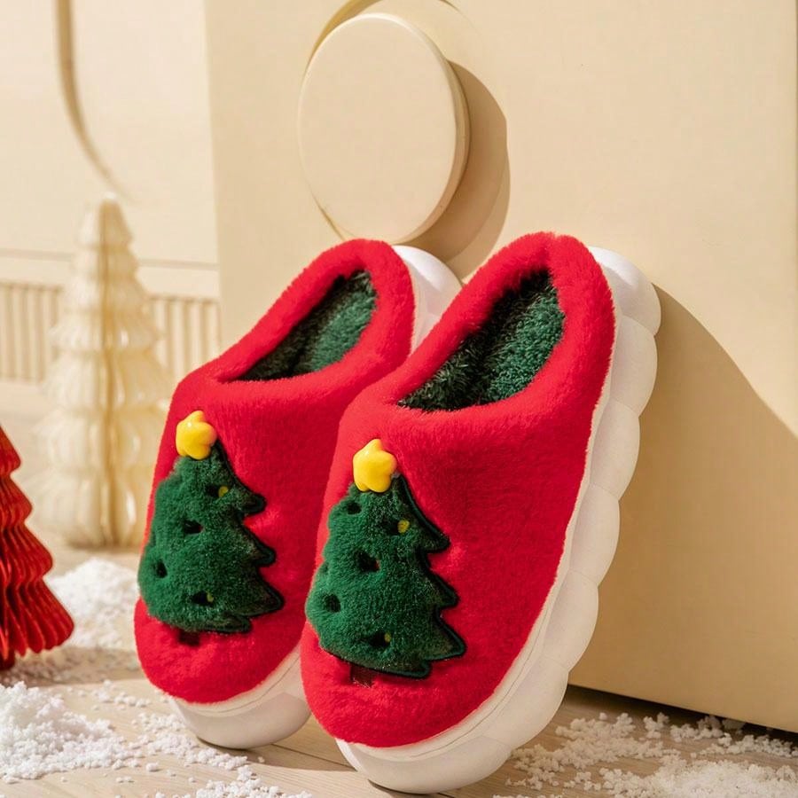 نعال دافئة مبطنة بتصميم شجرة عيد الميلاد الكرتونية للرجال والنساء ، خريف/شتاء
