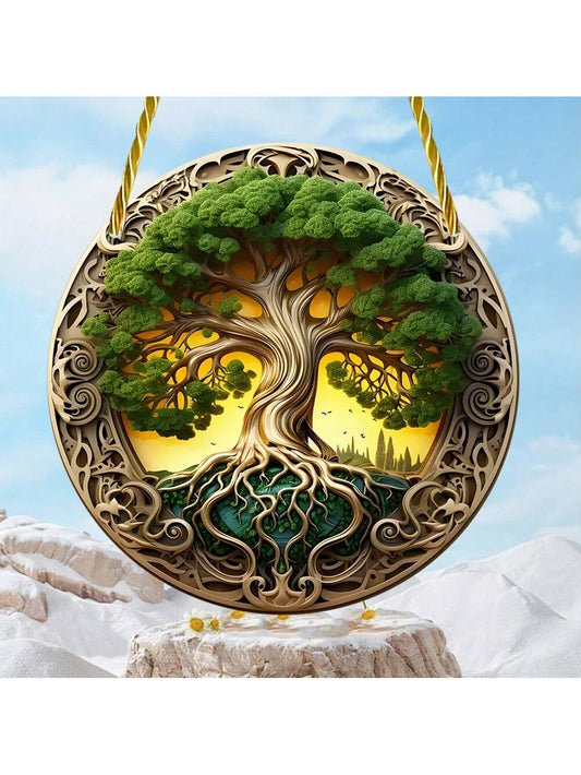 1 قطعة شاردة ضوئية لشجرة الحياة اكريليك، تصميم ثنائي الأبعاد، زجاج ملون معلق