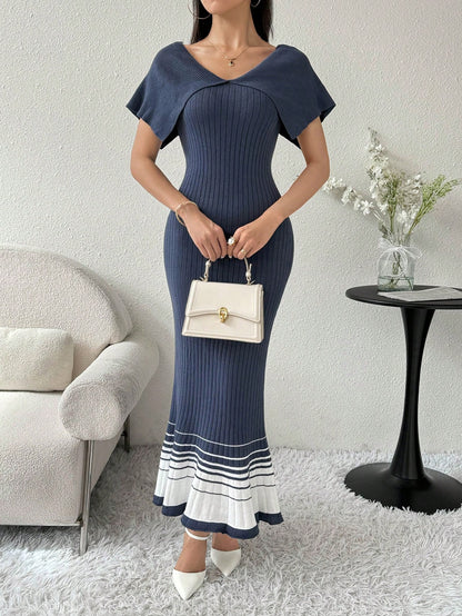 فستان سترة أنيق طويل للنساء لربيع وصيف مخطط برقبة على شكل حرف وحاشية ذيل السمكة