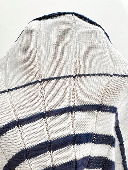 فستان سترة أنيق طويل للنساء لربيع وصيف مخطط برقبة على شكل حرف وحاشية ذيل السمكة