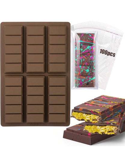 قالب شريحة شوكولاتة ب- 6 تجاويف عميقة مع أكياس وكشرط، قالب شريحة شوكولاتة سميكة لشريحة محشوة، قالب شوكولاتة سيليكون لملء شريحة شوكولاتة بالفستق حلوى كنافة