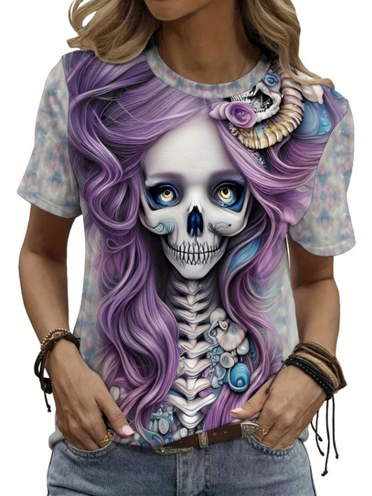 تي شيرت نسائي قصير الأكمام مطبوع عليه هيكل عظمي للهالوين