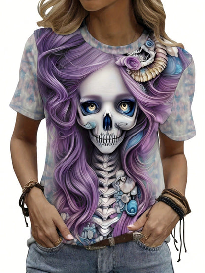 تي شيرت نسائي قصير الأكمام مطبوع عليه هيكل عظمي للهالوين