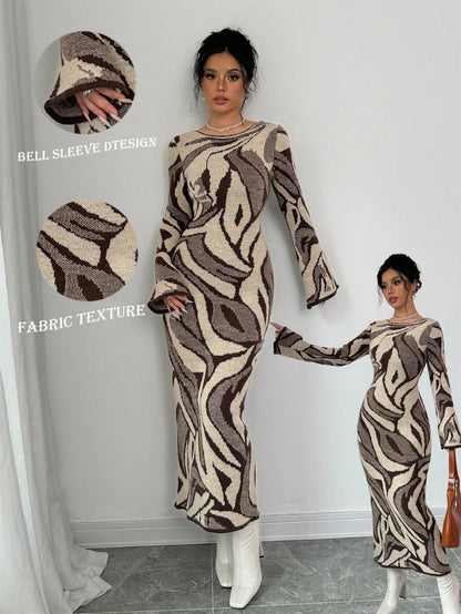 فستان بتنورة مفلطحة مع أكمام مطبوعة ملائم للنساء، خريف وشتاء