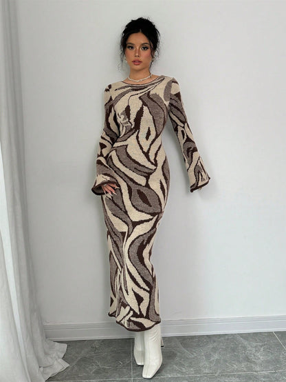 فستان بتنورة مفلطحة مع أكمام مطبوعة ملائم للنساء، خريف وشتاء