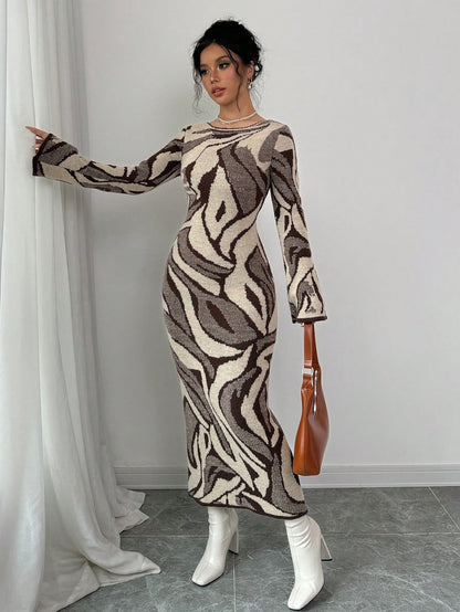 فستان بتنورة مفلطحة مع أكمام مطبوعة ملائم للنساء، خريف وشتاء