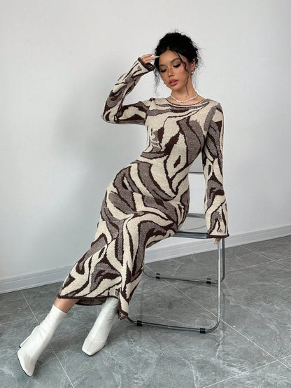 فستان بتنورة مفلطحة مع أكمام مطبوعة ملائم للنساء، خريف وشتاء