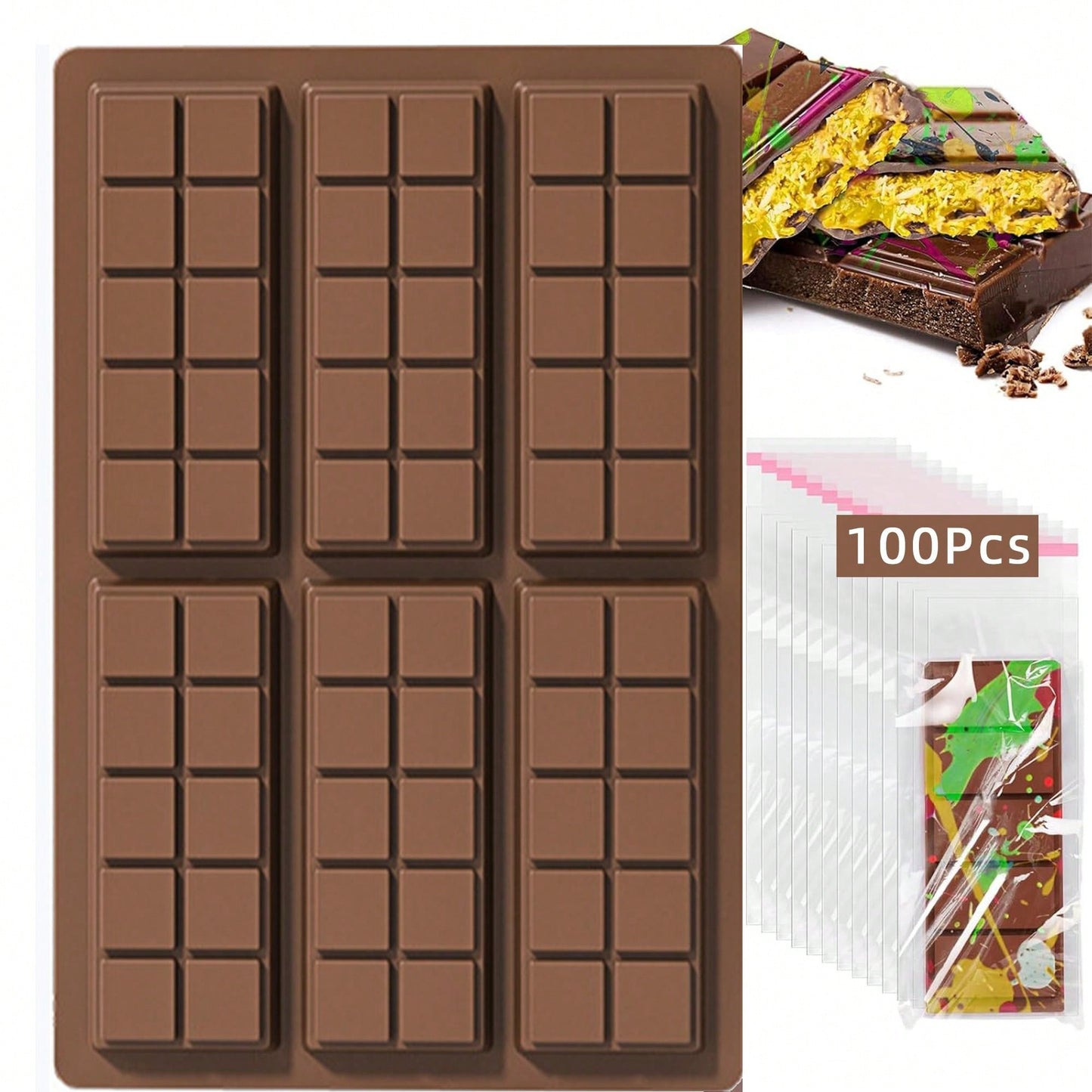 قالب شريحة شوكولاتة ب- 6 تجاويف عميقة مع أكياس وكشرط، قالب شريحة شوكولاتة سميكة لشريحة محشو