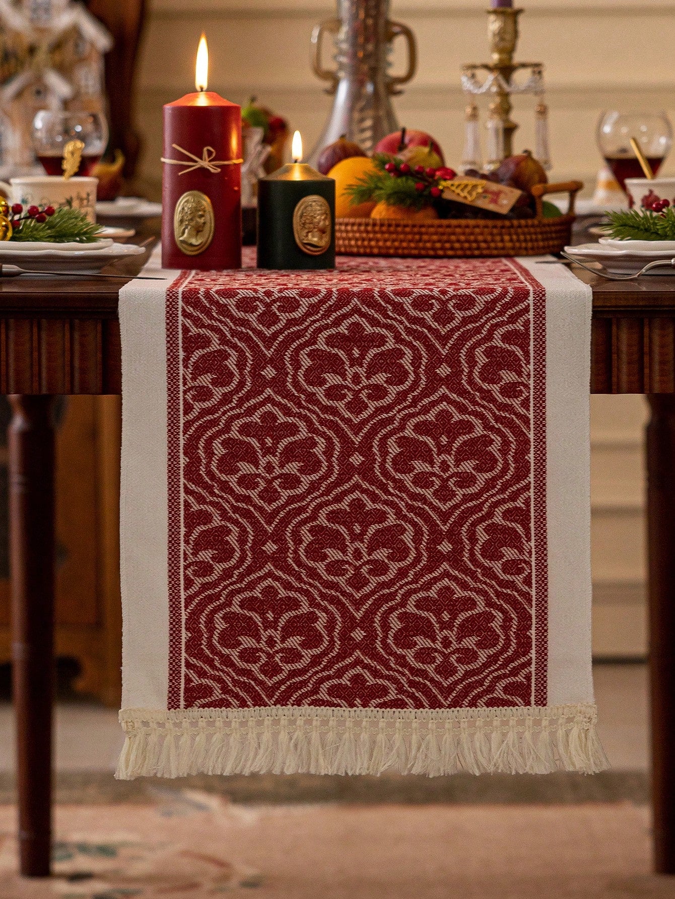 قطعة واحدة من غطاء طاولة مطرز بشراريب حمراء مقاوم للماء، ديكور المنزل والمطبخ وغرفة المعيشة