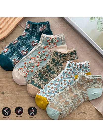 الرياضة في الهواء الطلق 1-5 أزواج من الجوارب القصيرة بطراز محكمة عتيق، جوارب الكاحل المنخفضة النسيج المجسم الهندسي والزهور اليابانية الجميلة [اللون عشوائي]