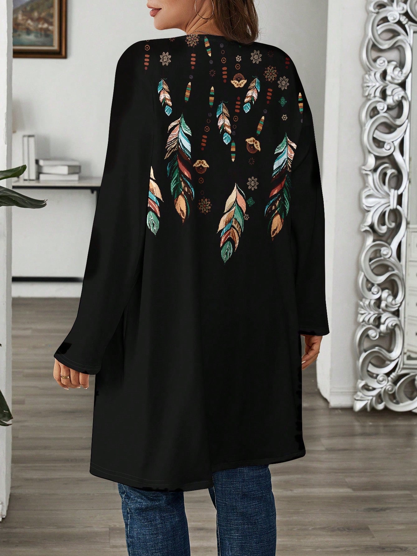 كردجان بأكمام طويلة فضفاض ذو نمط ريترو ريشي، كاجوال لقياسات كبيرة