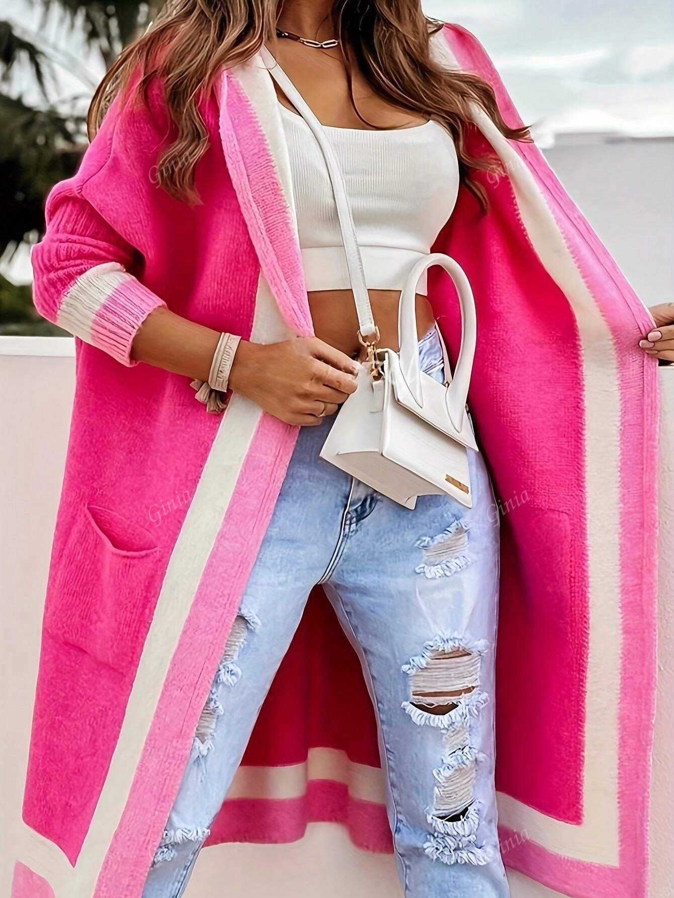 الكارديجان المحبوك ذو الكابوت باللون المتباين موضة جديدة للنساء