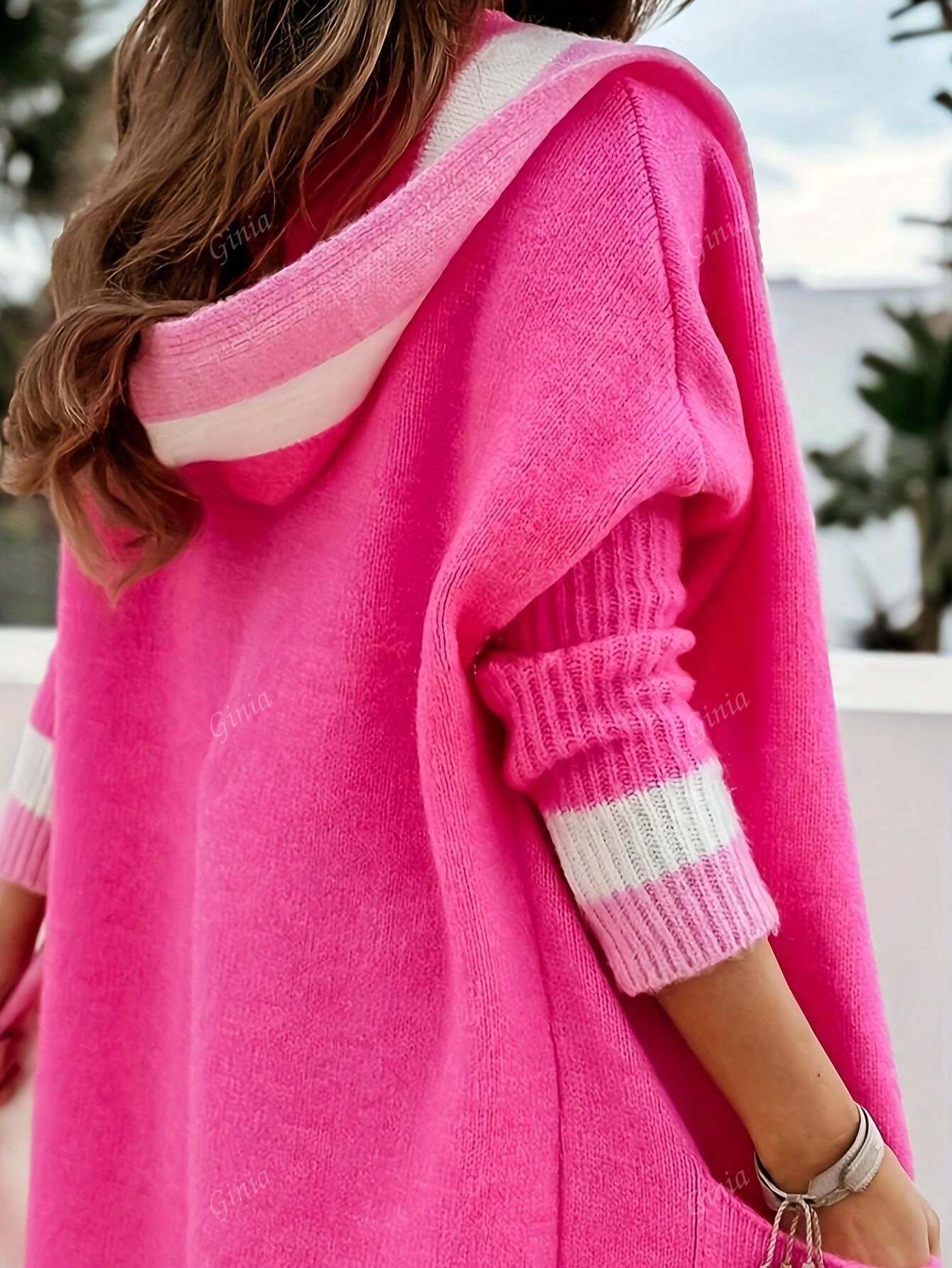 الكارديجان المحبوك ذو الكابوت باللون المتباين موضة جديدة للنساء