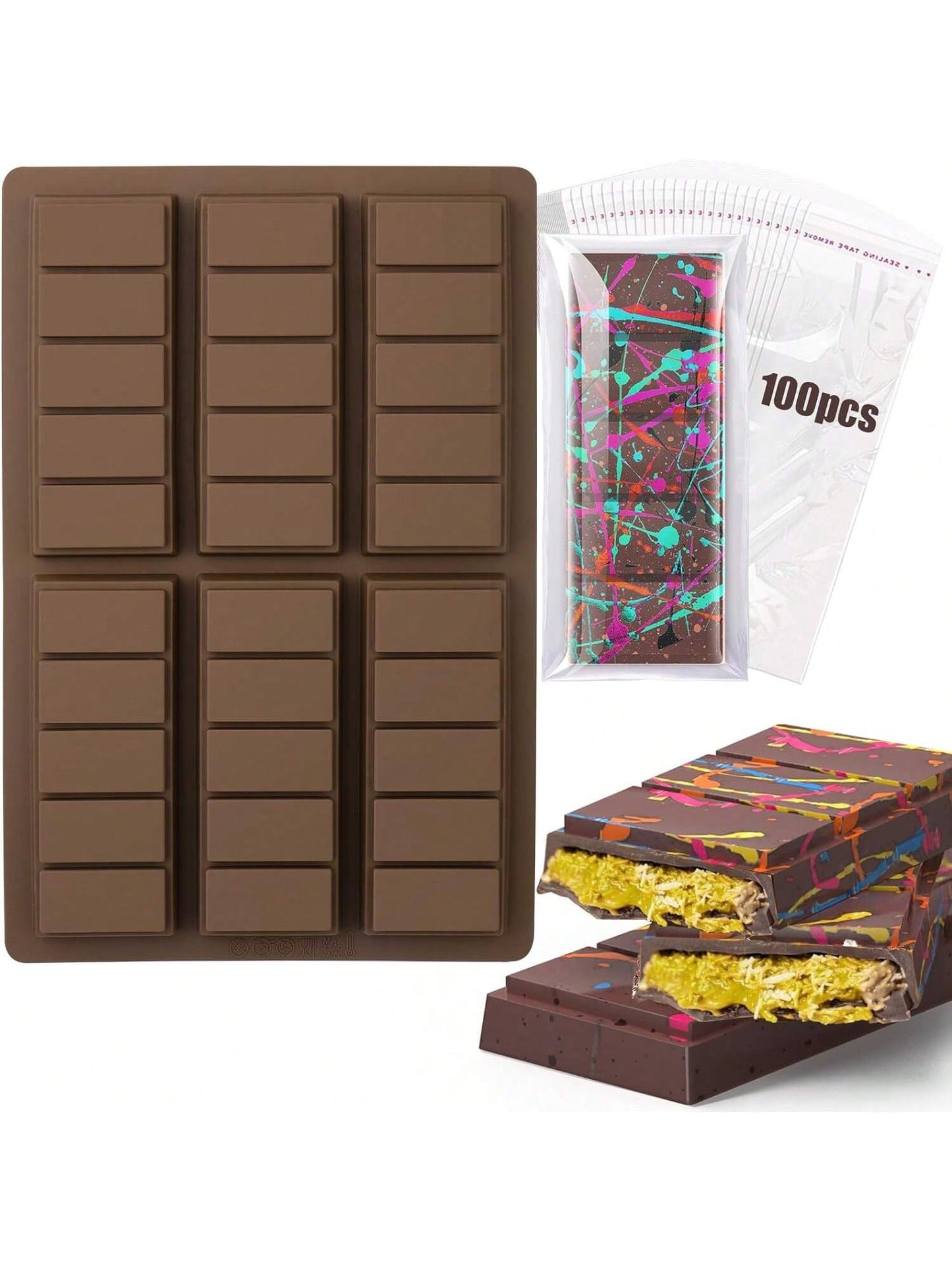 قالب شريحة شوكولاتة ب- 6 تجاويف عميقة مع أكياس وكشرط، قالب شريحة شوكولاتة سميكة لشريحة محشو