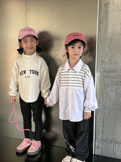 طقم ملابس علوية قطني منفوش بطباعة حرف أنيق وبنطلون طويل بخصر مطاطي للفتاة الصغيرة للخريف/الشتاء