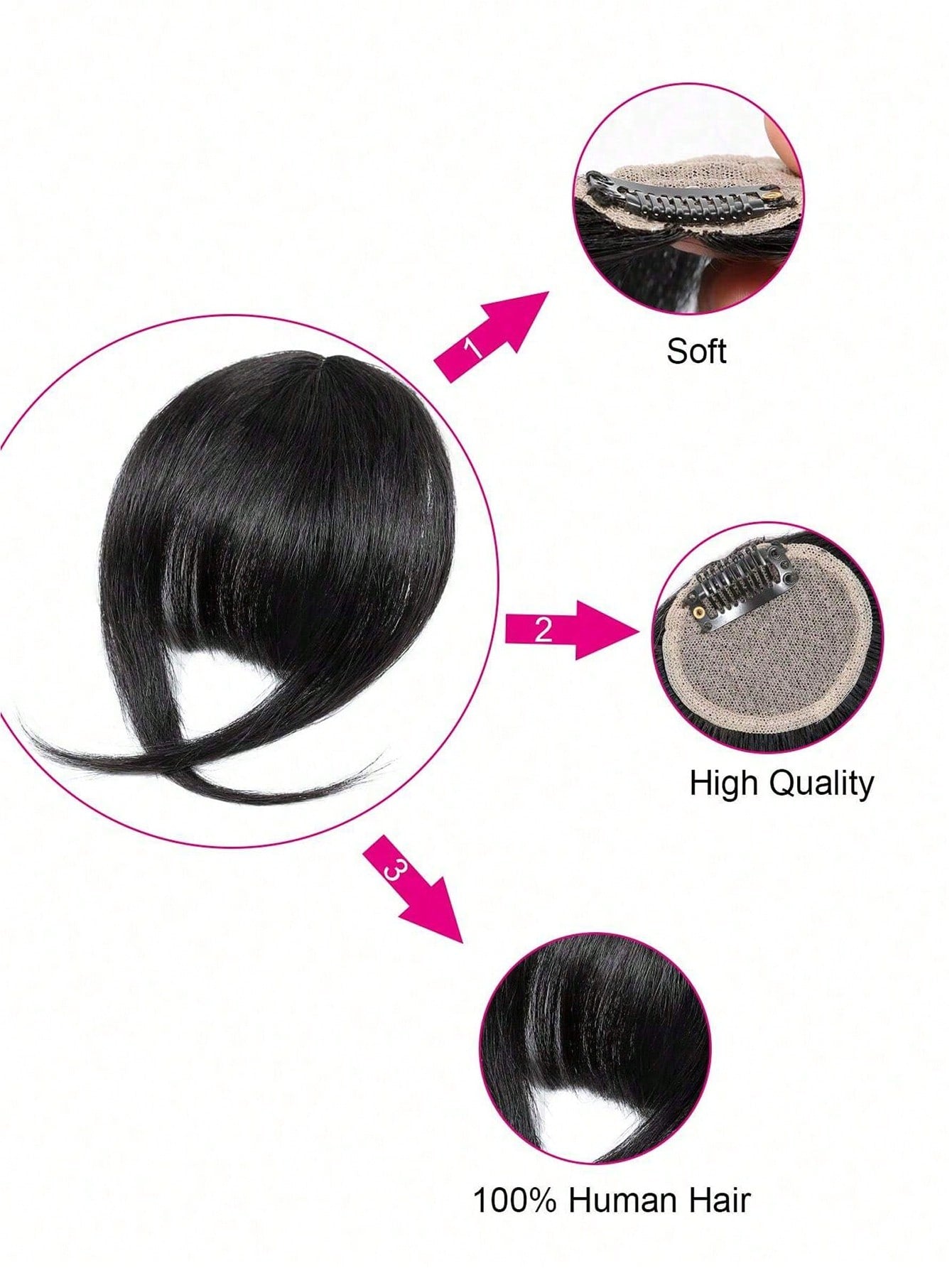 بانج بشعر بشري فرنسي بلون بني وجنبات جانبية، إضافة وصلة شعر تلتصق بسهولة للمبتدئين