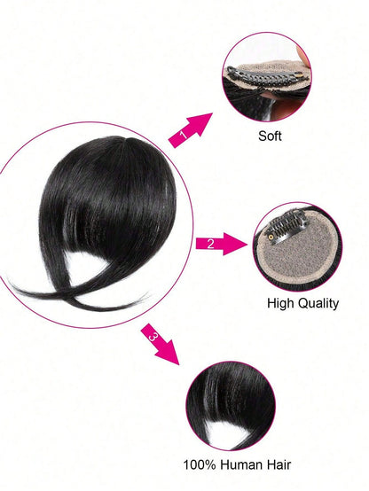 بانج بشعر بشري فرنسي بلون بني وجنبات جانبية، إضافة وصلة شعر تلتصق بسهولة للمبتدئين