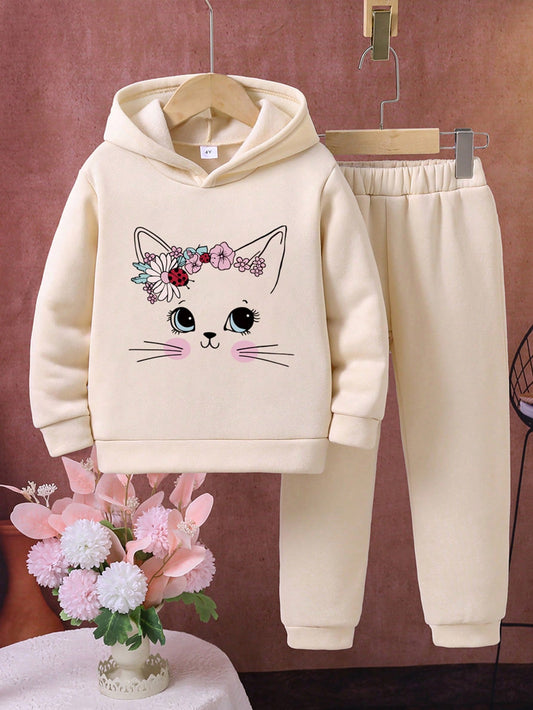طقم هوودي دافئ وبنطلون رياضي بطباعة رسوم كرتونية للبنات الصغيرات
