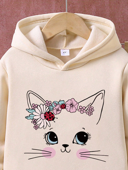 طقم هوودي دافئ وبنطلون رياضي بطباعة رسوم كرتونية للبنات الصغيرات