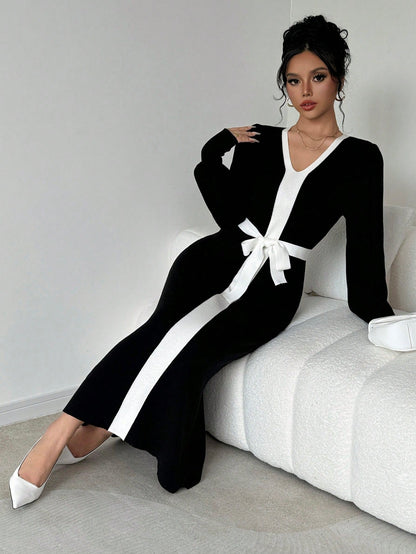 فستان قميص أنيق طويل الأكمام بتفاصيل لون محصور