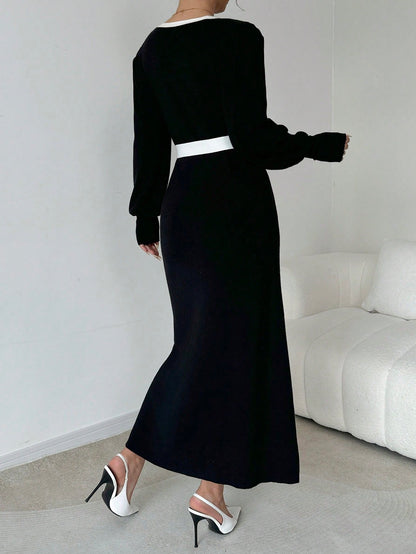 فستان قميص أنيق طويل الأكمام بتفاصيل لون محصور