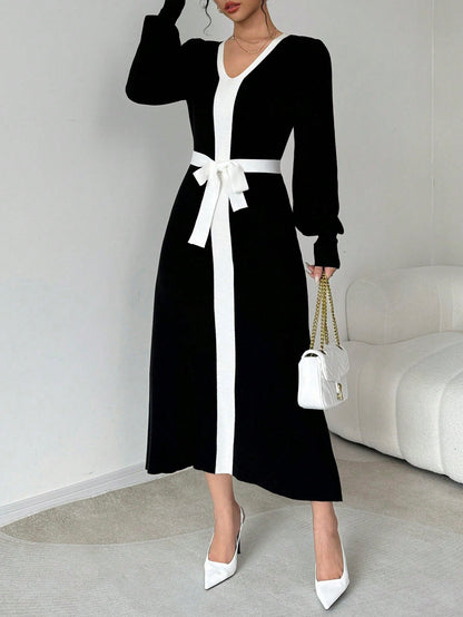 فستان قميص أنيق طويل الأكمام بتفاصيل لون محصور