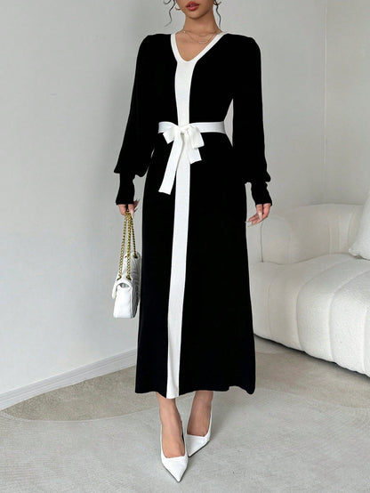 فستان قميص أنيق طويل الأكمام بتفاصيل لون محصور