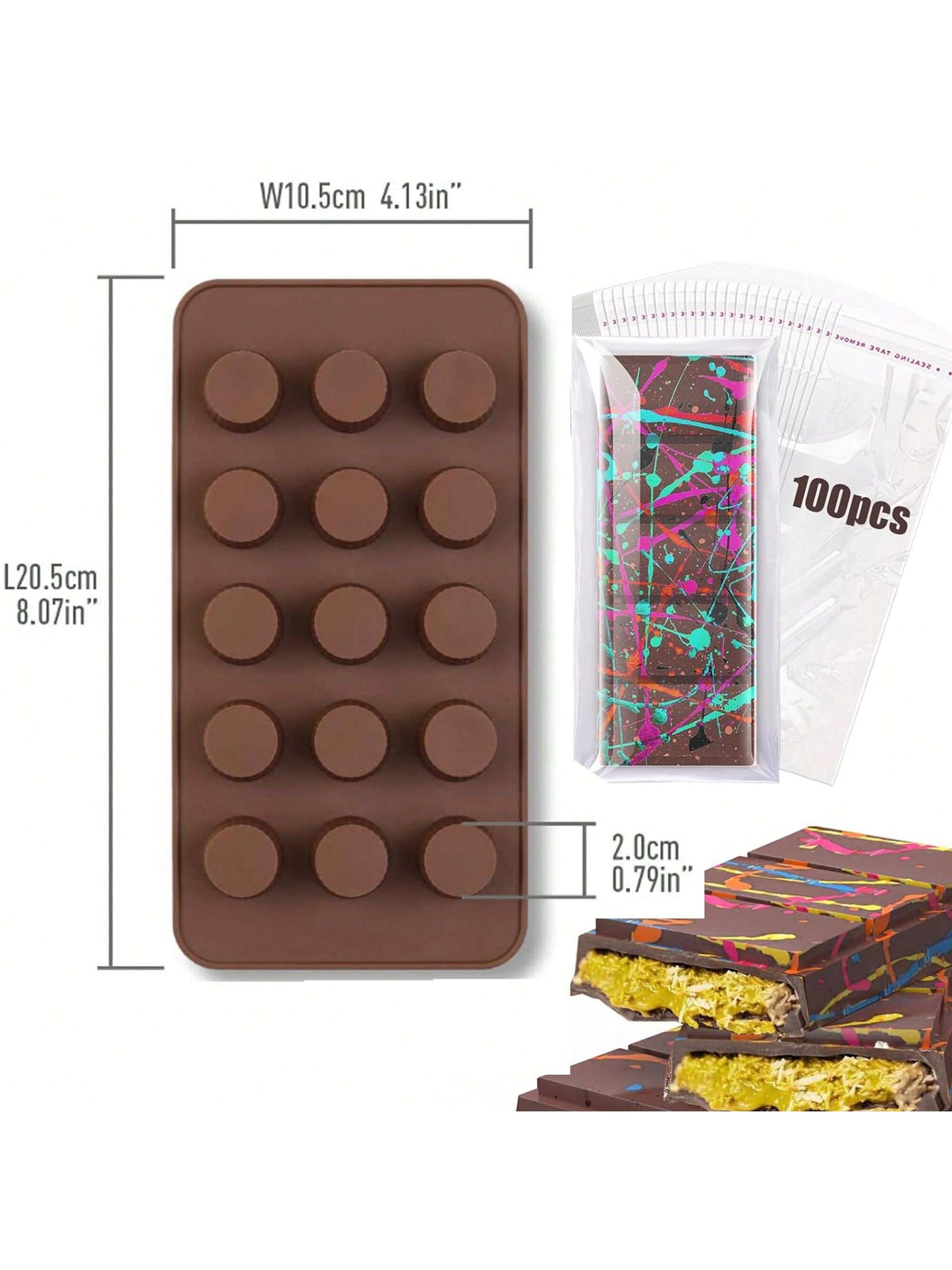 قالب شريحة شوكولاتة ب- 6 تجاويف عميقة مع أكياس وكشرط، قالب شريحة شوكولاتة سميكة لشريحة محشو