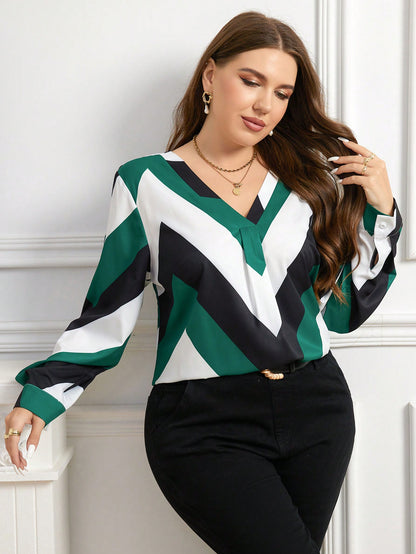بلوزة عمل أنيقة كاجوال للسيدات بأكمام طويلة وياقة على شكل V متعددة الألوان والخطوط بمقاسات كبيرة