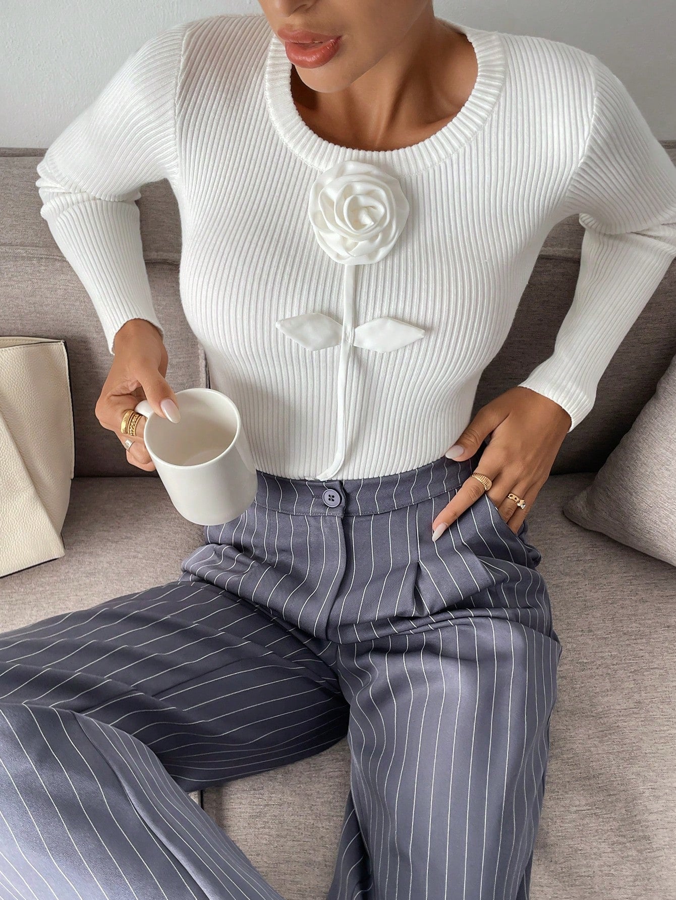 كنزة صوفية كاجوال مضبوطة مزخرفة بزهور ثلاثية الأبعاد للنساء، الربيع/الخريف