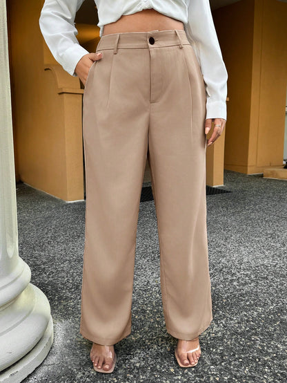 بنطال كاجوال مستقيم الساق بجيوب وحزام خصر بازرار مقاس كبير