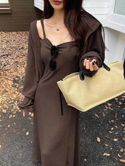 طقم فستان أحادي اللون بدون أكمام وجاكيت ذو أكمام طويلة