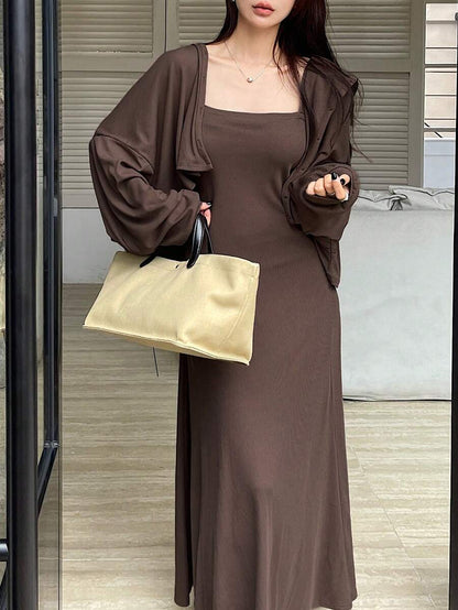 طقم فستان أحادي اللون بدون أكمام وجاكيت ذو أكمام طويلة