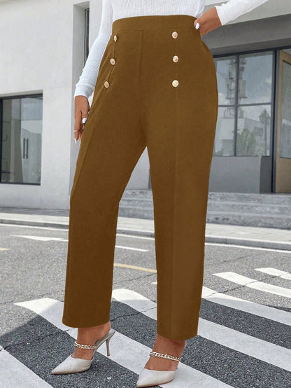 بنطلون كاجوال مريح للنساء ذوات الأحجام الكبيرة بتصميم أزرار معدنية متقاربة للخريف