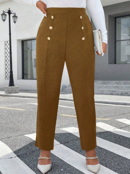 بنطلون كاجوال مريح للنساء ذوات الأحجام الكبيرة بتصميم أزرار معدنية متقاربة للخريف