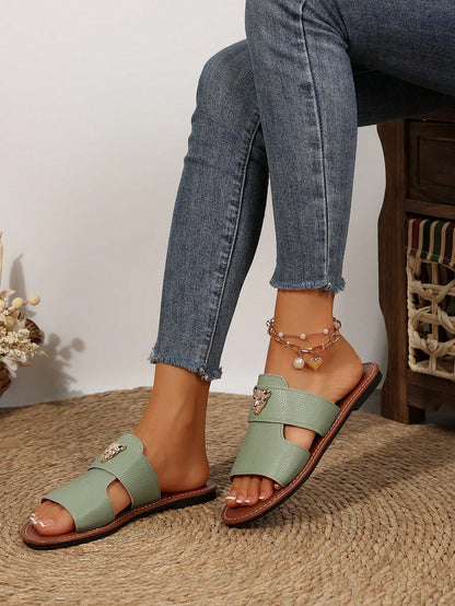 صنادل نسائية بتصميم كف واحد مع زخرفة رأس نمر معدنية، تصميم كف واحد، أصابع قدم دائرية، طراز أنيق، شرائح صيفية مسطحة لون أخضر زيتوني
