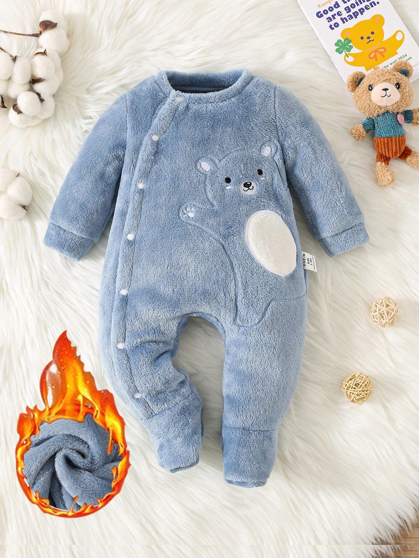 رومبير أطفال حديثي الولادة ذات غطاء أمامي مائل مطرز بشكل دب لطيف ، من الفلانيل ، للخريف والشتاء