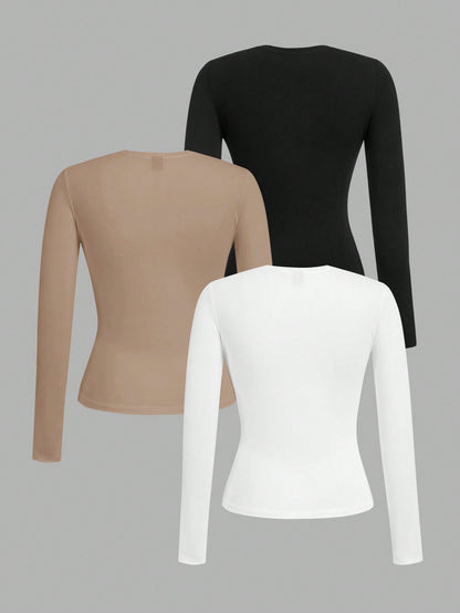 طقم 3 قطع من تيشرتات النساء بأكمام طويلة