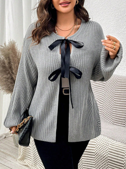 كارديجان فضفاض كاجوال بأكمام طويلة وياقة متساقطة وربطة أمامية للنساء ذوات المقاسات الكبيرة في الخريف والشتاء